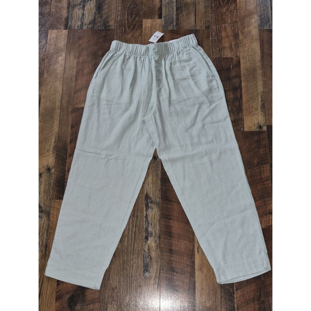 LOFT Blue/Green Elastic-Waist Linen-Blend Chinos Small